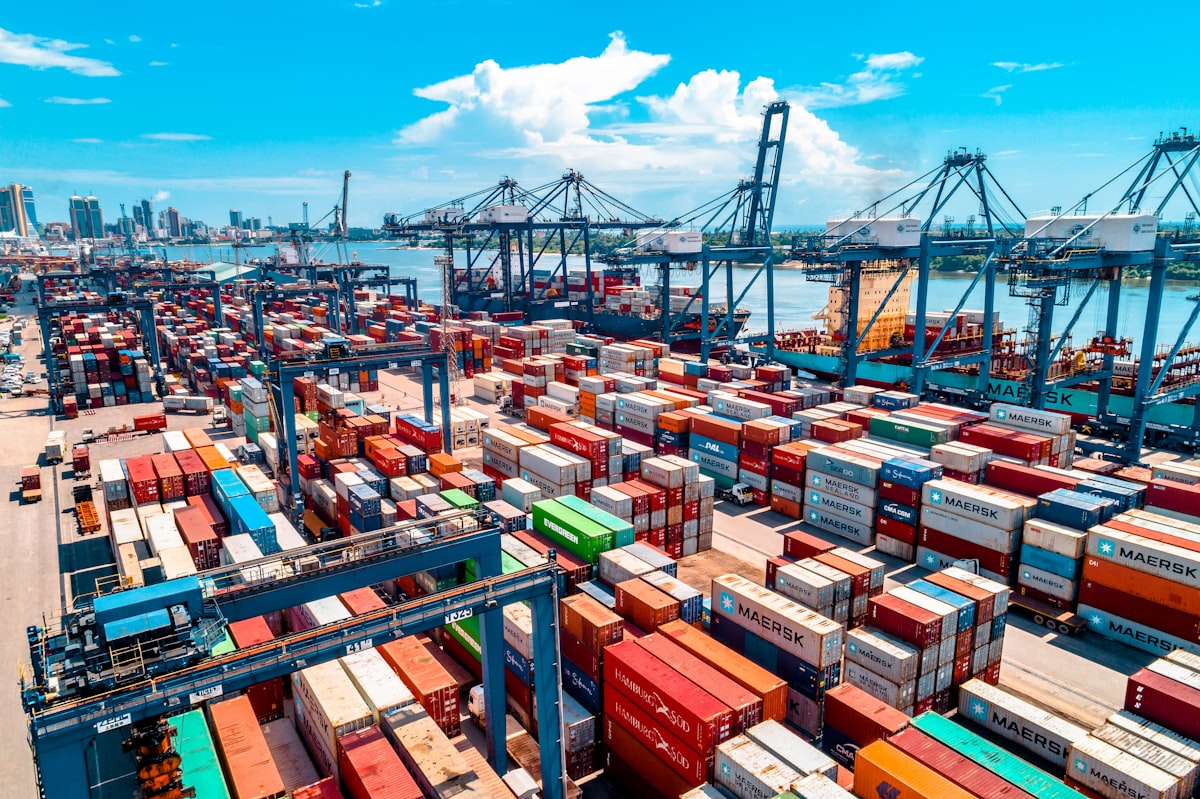 Shipping containers at a busy port